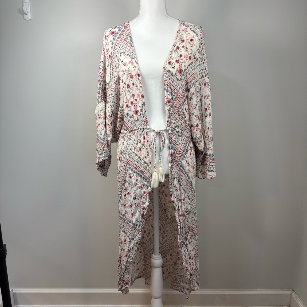 Alya Boho Floral Duster Kimono Cardigan L/XL Tassel Tie Festival Cottagecore